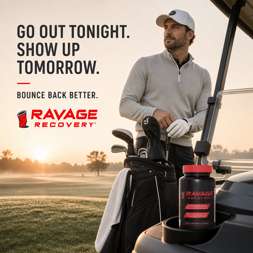 Man with a golf cart at sunrise holding a Ravage Recovery bottle