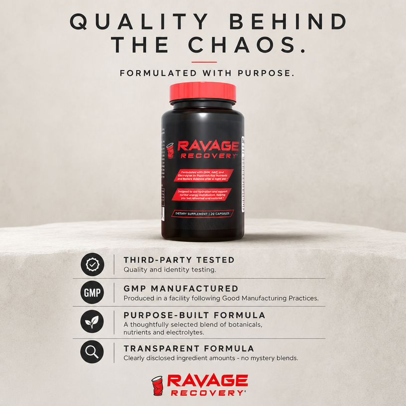 Ravage Recovery bottle with quality pillars: third-party tested, GMP manufactured, purpose-built, transparent