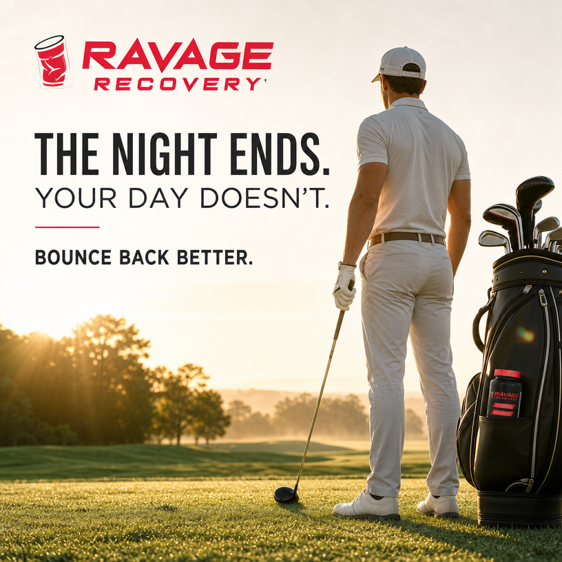 Golfer on a dewy fairway at sunrise with Ravage Recovery in the bag