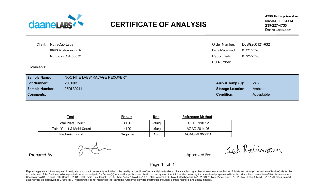 Certificate of Analysis for Ravage Recovery, Lot 2601005, issued by Daane Labs — Total Plate Count <100 CFU/g, Total Yeast & Mold <100 CFU/g, E. coli negative